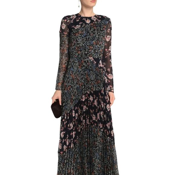 Mikael Aghal Dresses & Skirts - Mikael Aghal Pleated Floral-Print Crinkled Georgette Gown Midnight Blue Size 10